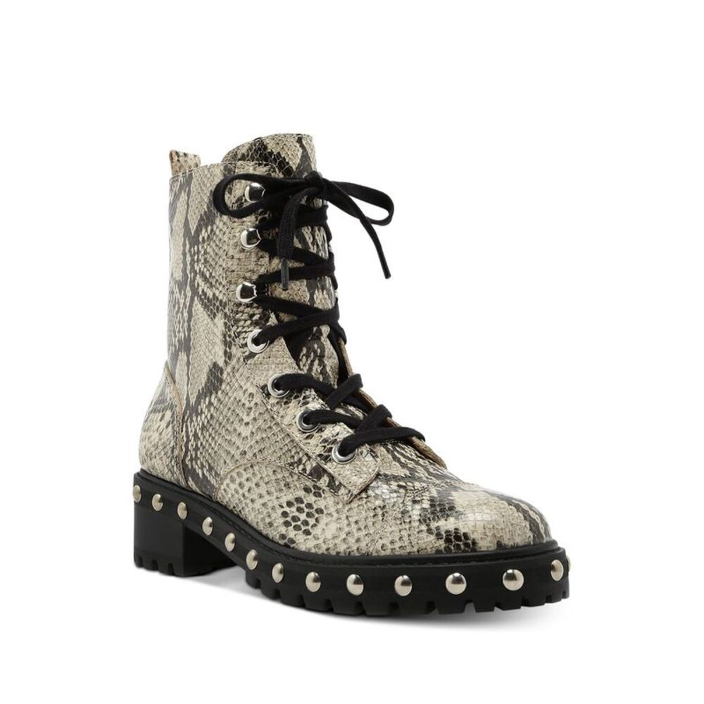 SCHUTZ Womens Beige Snake Print Up Cap Andrea Wedge Leather Combat Boots 7 B